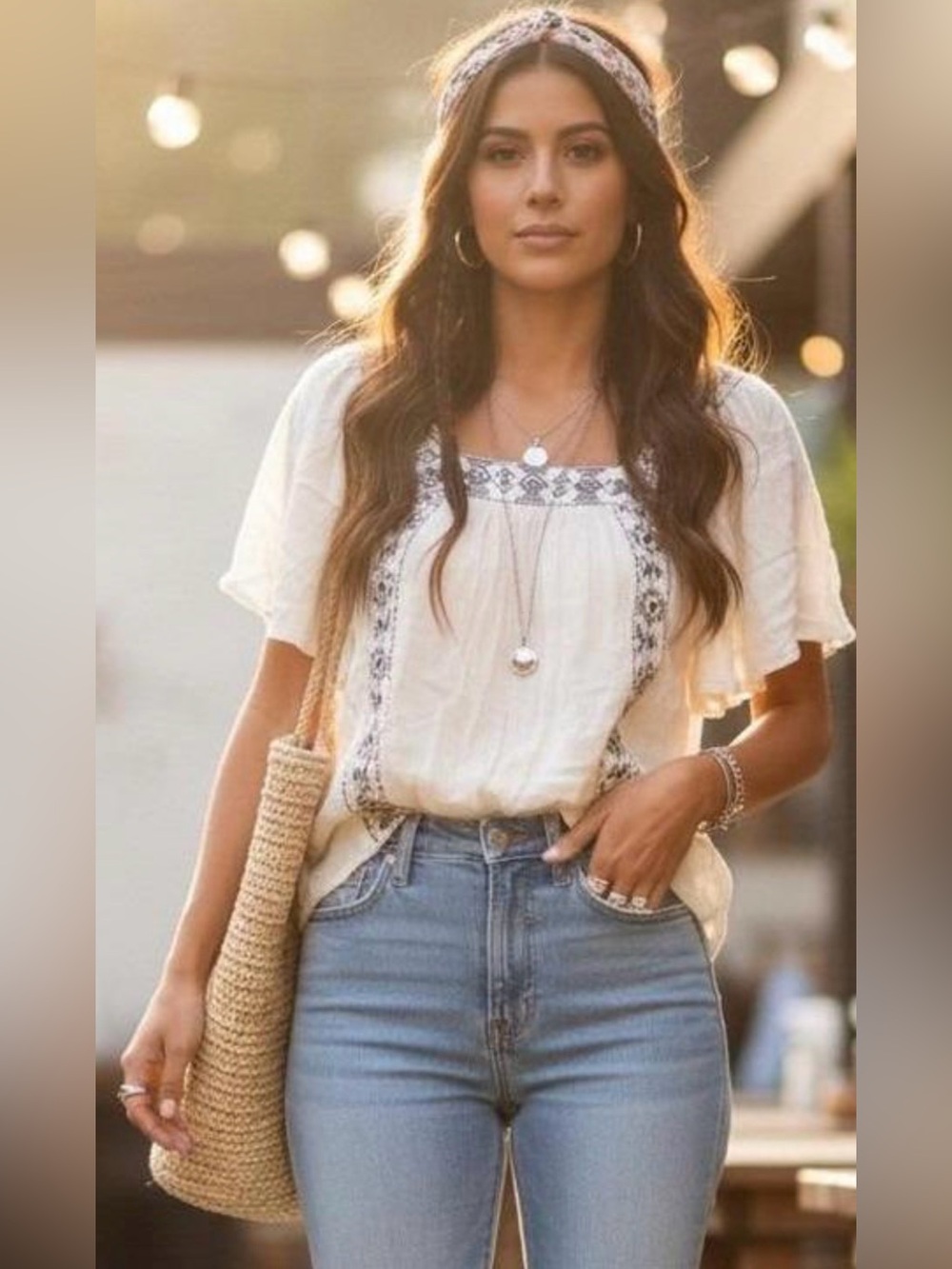 Elie Tahara Boho Embroidered Square-Neck Cream Peasant Top